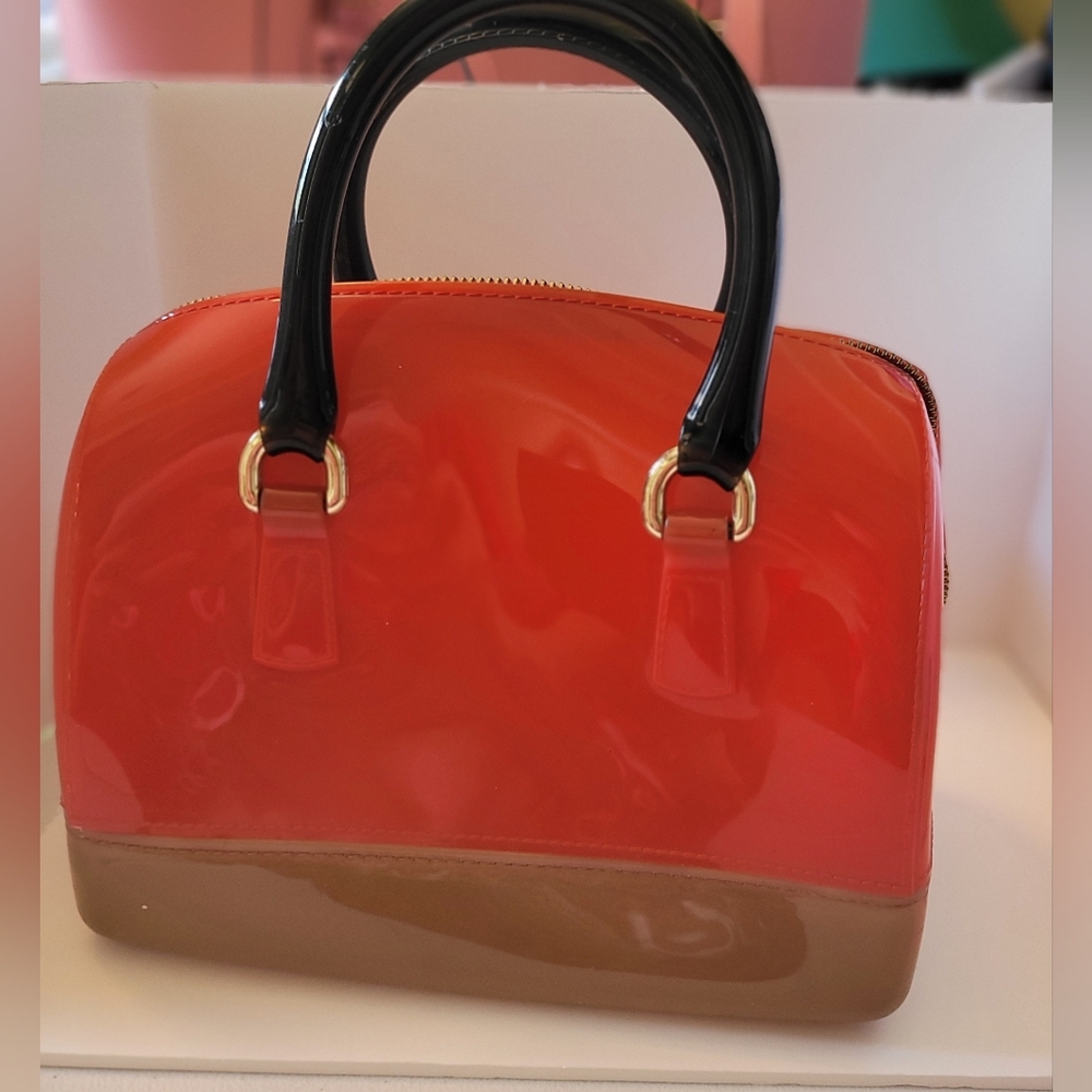 Furla Red and Brown jelly Patent Satchel with Black Handles